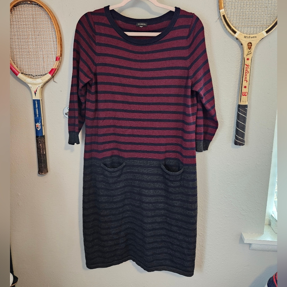 Talbots Red Navy Stripe 3/4 Sleeve Wool Sweater Dress
